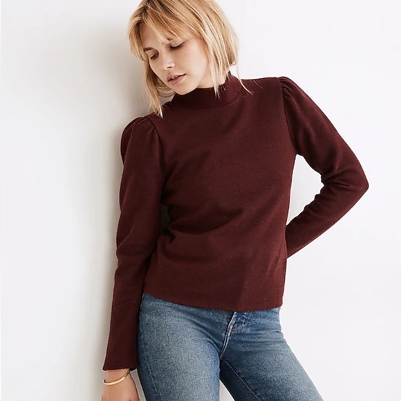 Madewell (Re)sourced Plush Mockneck Puff-Sleeve Red Maroon Long Sleeve Top - Picture 1 of 8
